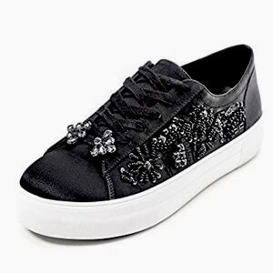 ZARA Black Satin Beaded Embellished Sneakers Trainers Lace Up Shoe Women’s 39‎